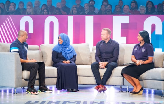 Shot of four presenters at the Birmingham 2022 Commonwealth Games Volunteer Orientation Broadcast.