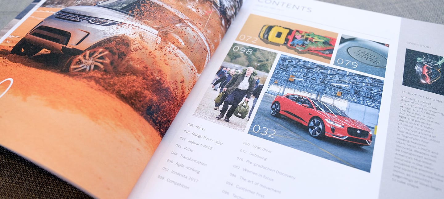 Print spread of contents page of JLR's TeamTalk magazine