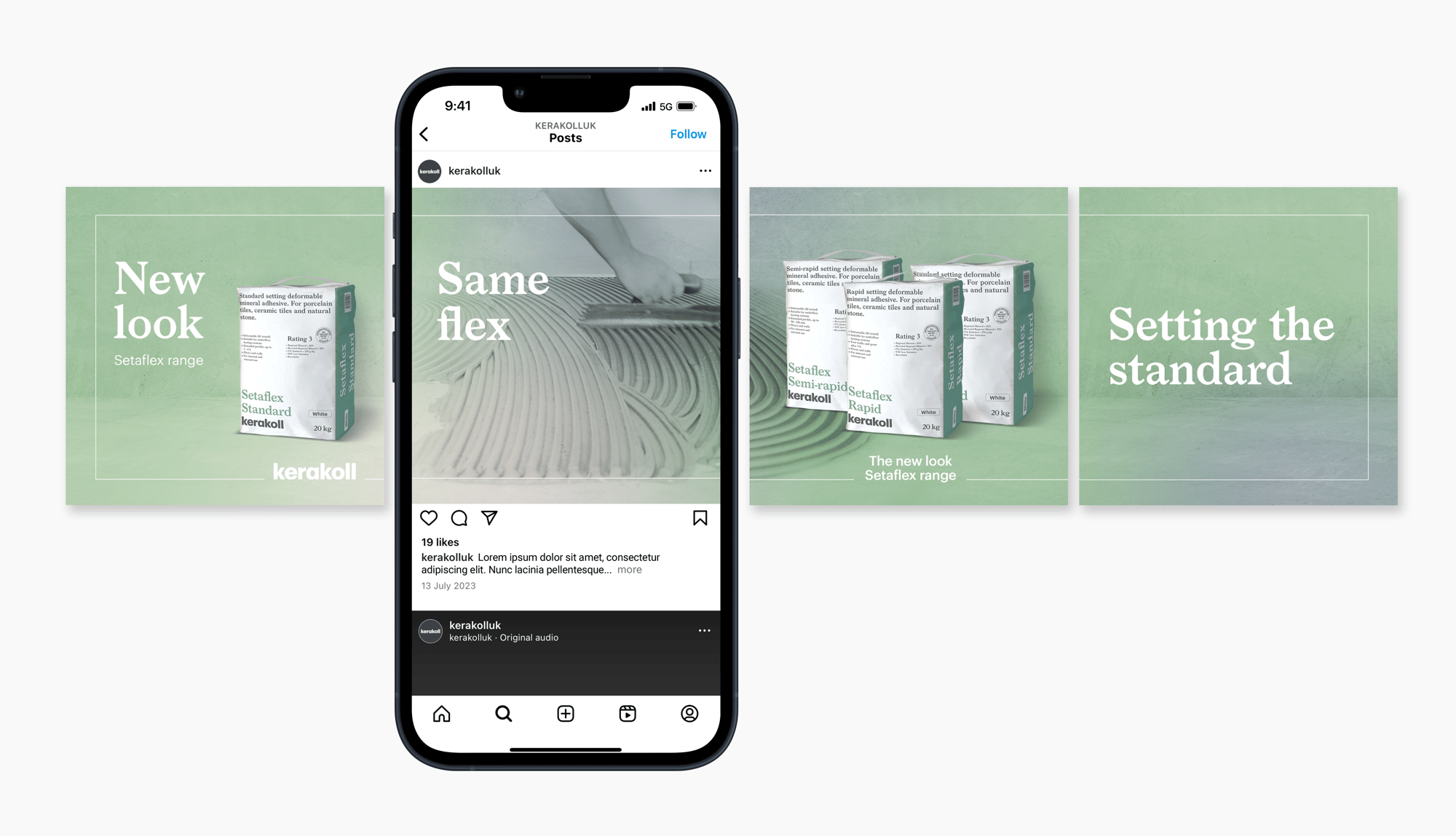 Example of social media posts created for the brand migration of Kerakoll and Tilemaster Adhesives