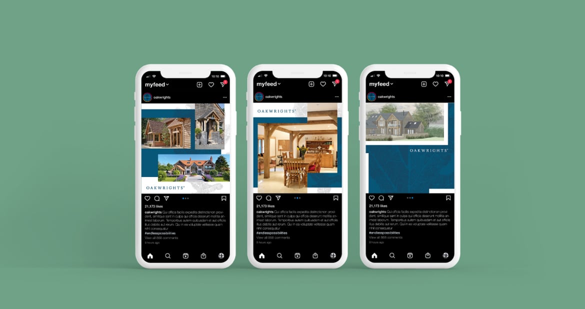 Three Iphones each with a different Oakwrights Instagram social post