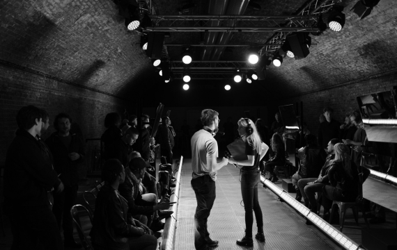 Behind the scenes shot of the Triumph Chrome Collection launch event and film