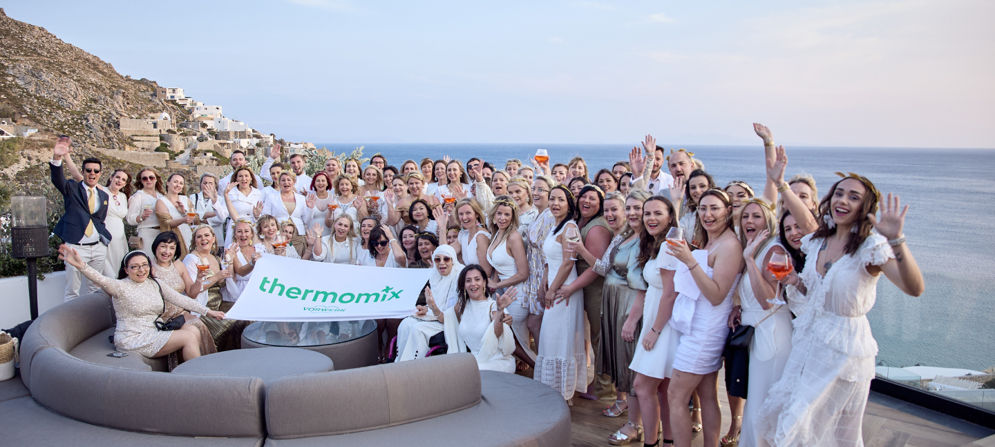 Group shot of Vorwerk employees at Myconian during the Mykonos incentive trip.