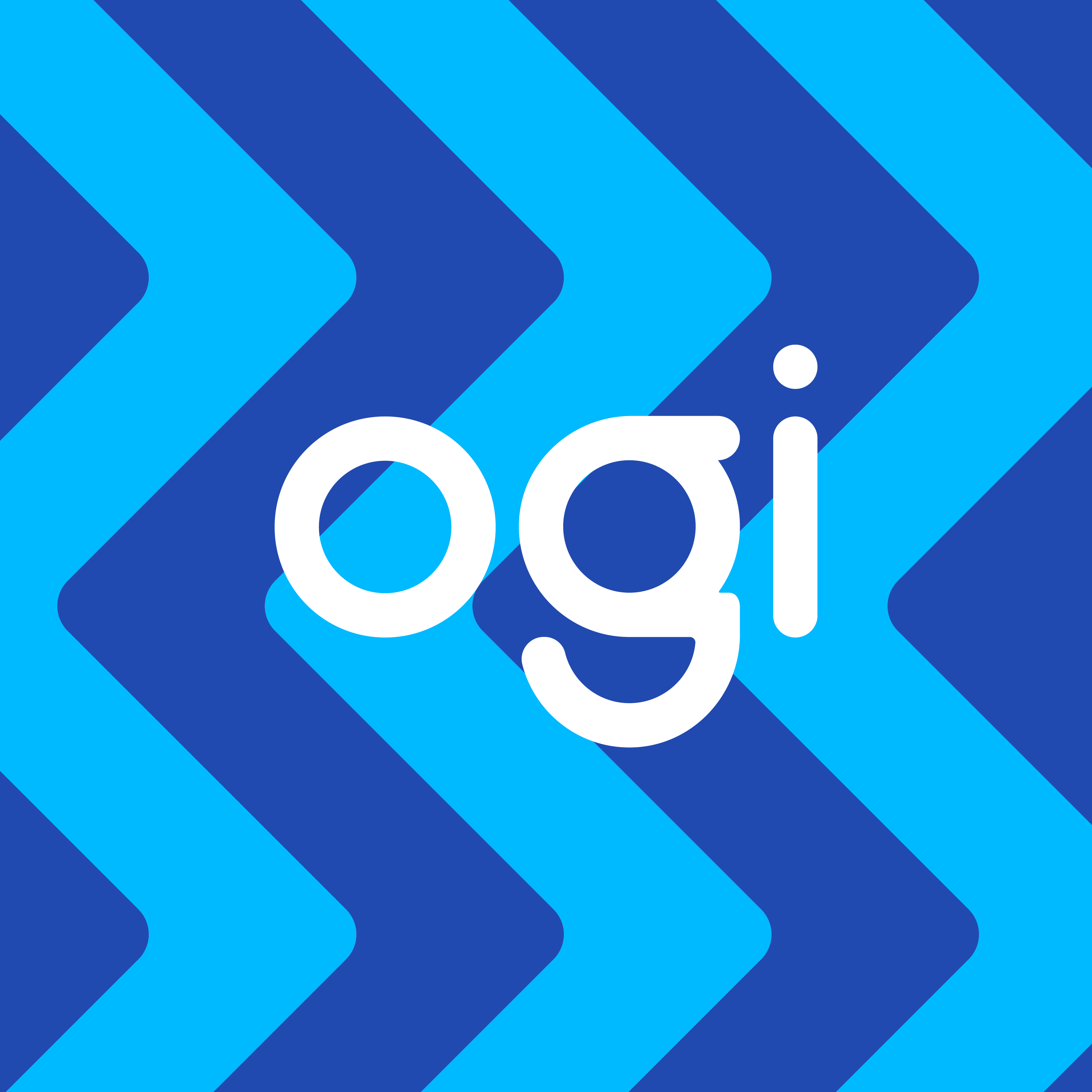 Open GI logo on a alternating light blue and dark blue zigzag pattern background