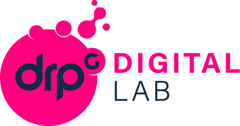 Image: Logo for DRPG Digital Lab - DRPG is in a bubble that is all pink with small bubbles coming off the top