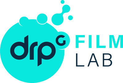 Image: Logo for DRPG Film Lab - DRPG is in a bubble that is all blue with small bubbles coming off the top