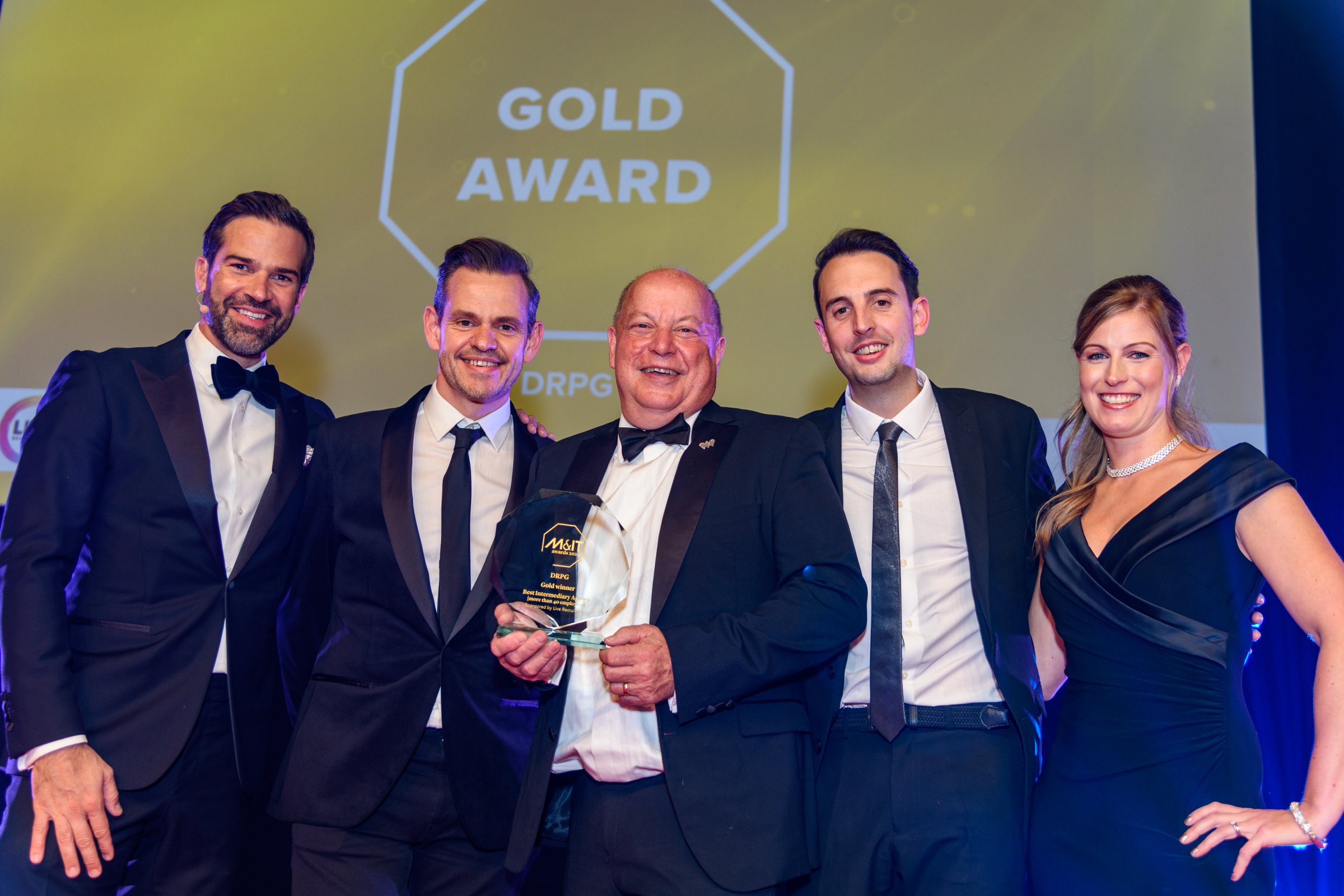 From Left to Right: TV Presenter Gethin Jones, DRPG Director of Events Matt Franks, CEO Dale Parmenter, Senior Account Director Richard Davies at the 2021 M&IT awards