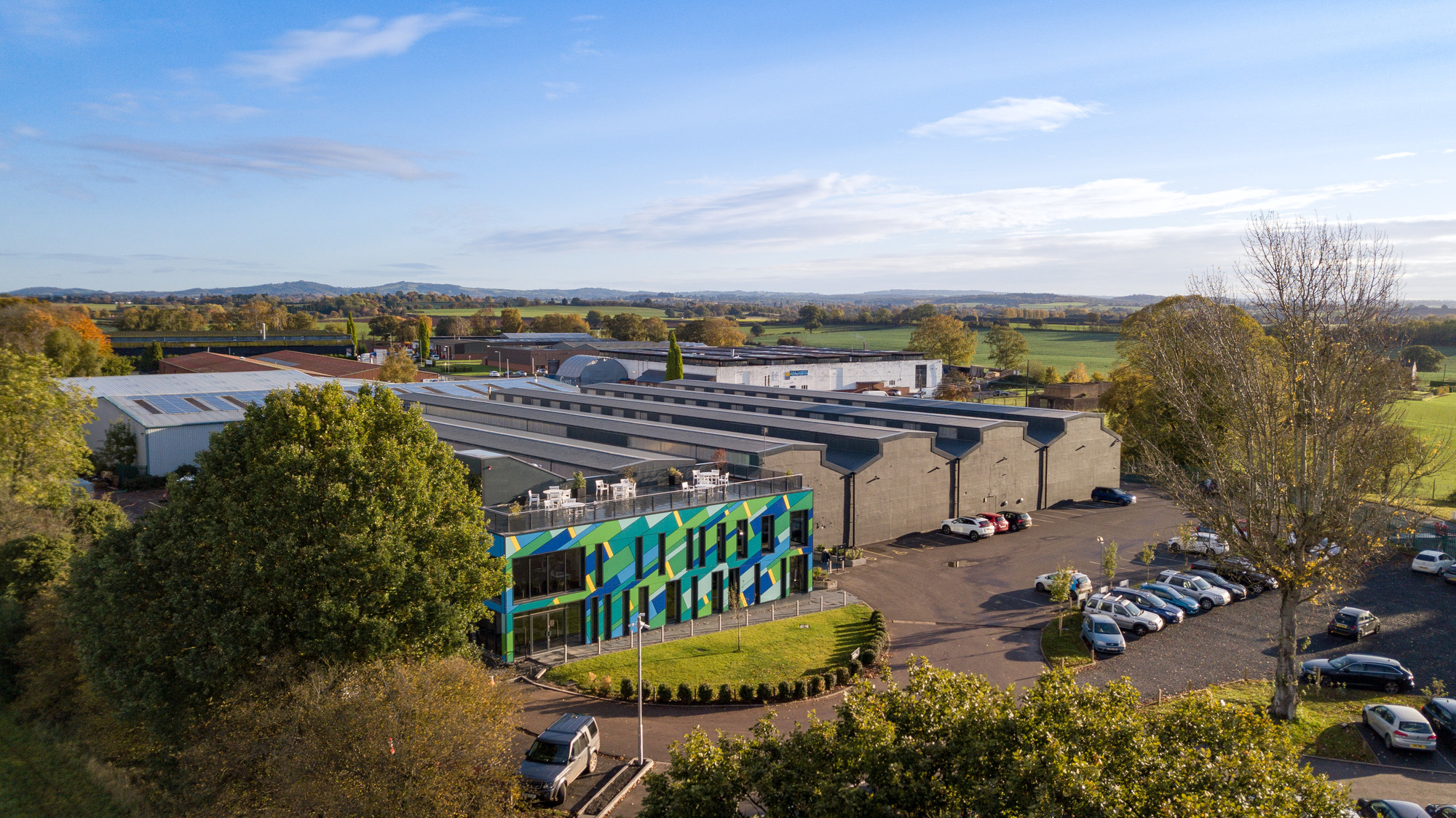 An aerial picture of DRPG HQ in the Midlands, UK